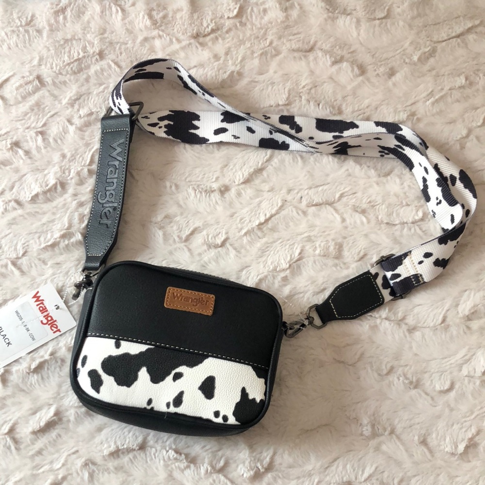 Wrangler Black and White Cow Print Crossbody Bag